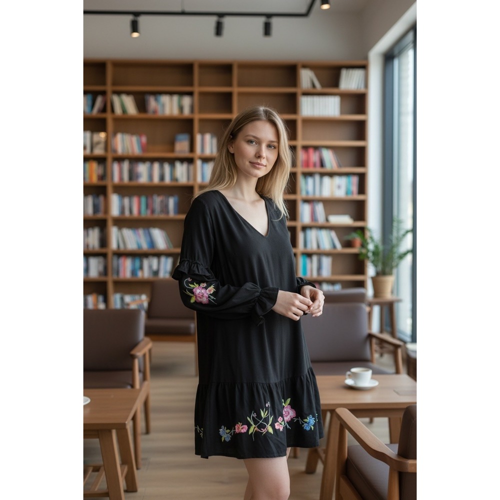 ASOS Black Embroidered Floral Ruffle Sleeve Tiered Mini Dress UK 8 US 4